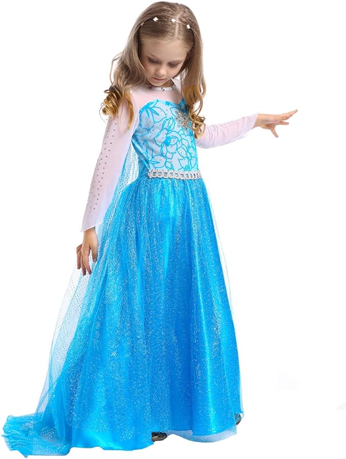 Rochita Elsa Frozen pentru Fete, Set cu Coronita, Bijuterii si accesorii, EvrikaUnity®, Tesatura Premium, 4-5 ani, 120 cm, Turcoaz