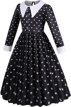 Rochie Wednesday pentru Fete, Set cu Peruca, Geanta si Sosete, EvrikaUnity®, Tesatura premium, 6-7 ani, 140 cm, Negru/Alb