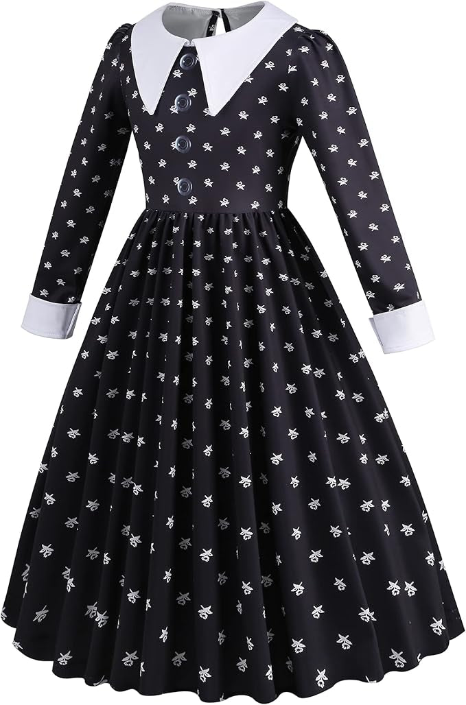 Rochie Wednesday pentru Fete, Set cu Peruca, Geanta si Sosete, EvrikaUnity®, Tesatura premium, 6-7 ani, 140 cm, Negru/Alb