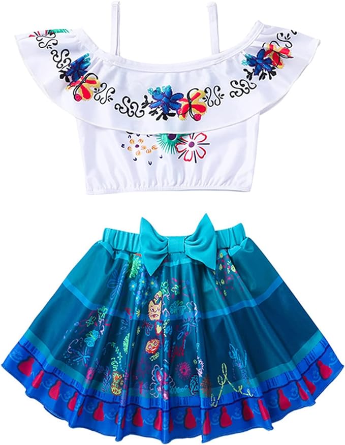 Costum de baie/inot din 2 piese pentru fete, Mirabel Encanto, Premium Nylon, 5-6 ani, 130 cm, alb/ albastru