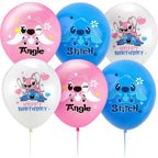 Set 18 baloane copii, Lilo si Stitch, Petrecere Aniversara, Latex, 1 Banner Happy Birthday, 15 Cupcake Topper, 1 Cake Topper, Alb/ Albastru/ Roz