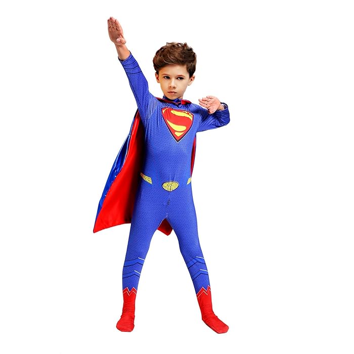 Costum Superman pentru Copii, Cu pelerina, Supererou, EvrikaUnity®, Premium Lycra 3D®, 5-6 ani, 130cm, Rosu/Albastru