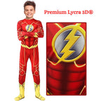 Costum Flash pentru copii, Set cu Masca, EvrikaUnity®, Supererou, Premium Lycra 3D®, 7-8 ani, 150 cm, Rosu/ Galben