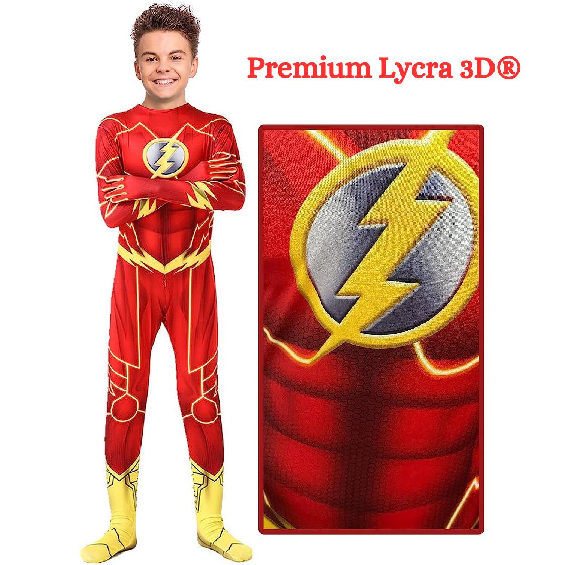 Costum Flash pentru copii, Set cu Masca, EvrikaUnity®, Supererou, Premium Lycra 3D®, 7-8 ani, 150 cm, Rosu/ Galben