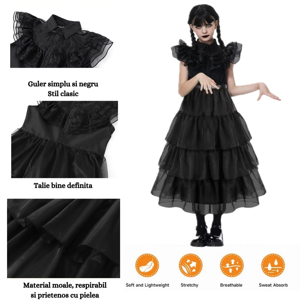 Rochie Wednesday pentru Fete, Set cu Peruca, Bijuterii si Sosete, EvrikaUnity®, Tesatura premium, 3-4 ani, 110 cm, Negru