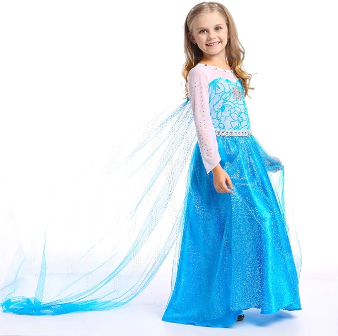 Rochita Elsa Frozen pentru Fete, Set cu Coronita, Bijuterii si accesorii, EvrikaUnity®, Tesatura Premium, 6-7 ani, 140 cm, Turcoaz