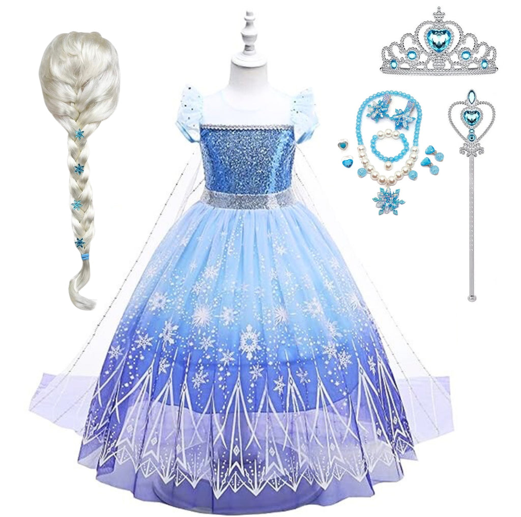 Rochie Elsa Frozen 2 pentru Fete, Set cu Peruca, Bijuterii si Accesorii, EvrikaUnity®, Regina Ghetii, Tesatura Premium, 5-6 ani, 130 cm, Mov