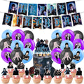 Set 18 baloane copii, Wednesday Addams, Petrecere Aniversara, EvrikaUnity®, Latex, 1 Banner Happy Birthday, 12 Cupcake Topper, 1 Cake Topper, Mov / Roz / Albastru