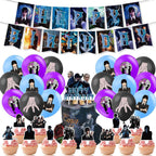 Set 18 baloane copii, Wednesday Addams, Petrecere Aniversara, EvrikaUnity®, Latex, 1 Banner Happy Birthday, 12 Cupcake Topper, 1 Cake Topper, Mov / Roz / Albastru
