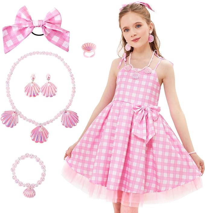 Rochie Barbie pentru Copii, Set cu Accesorii, EvrikaUnity®, Tesatura Premium, 6-7 ani, 140cm, Roz