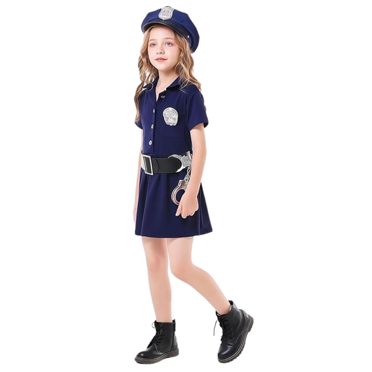 Costum de Politist Fata, Set cu Sapca, Fluier si Catuse, EvrikaUnity®, 5-6 ani, 130 cm, Bleumarin