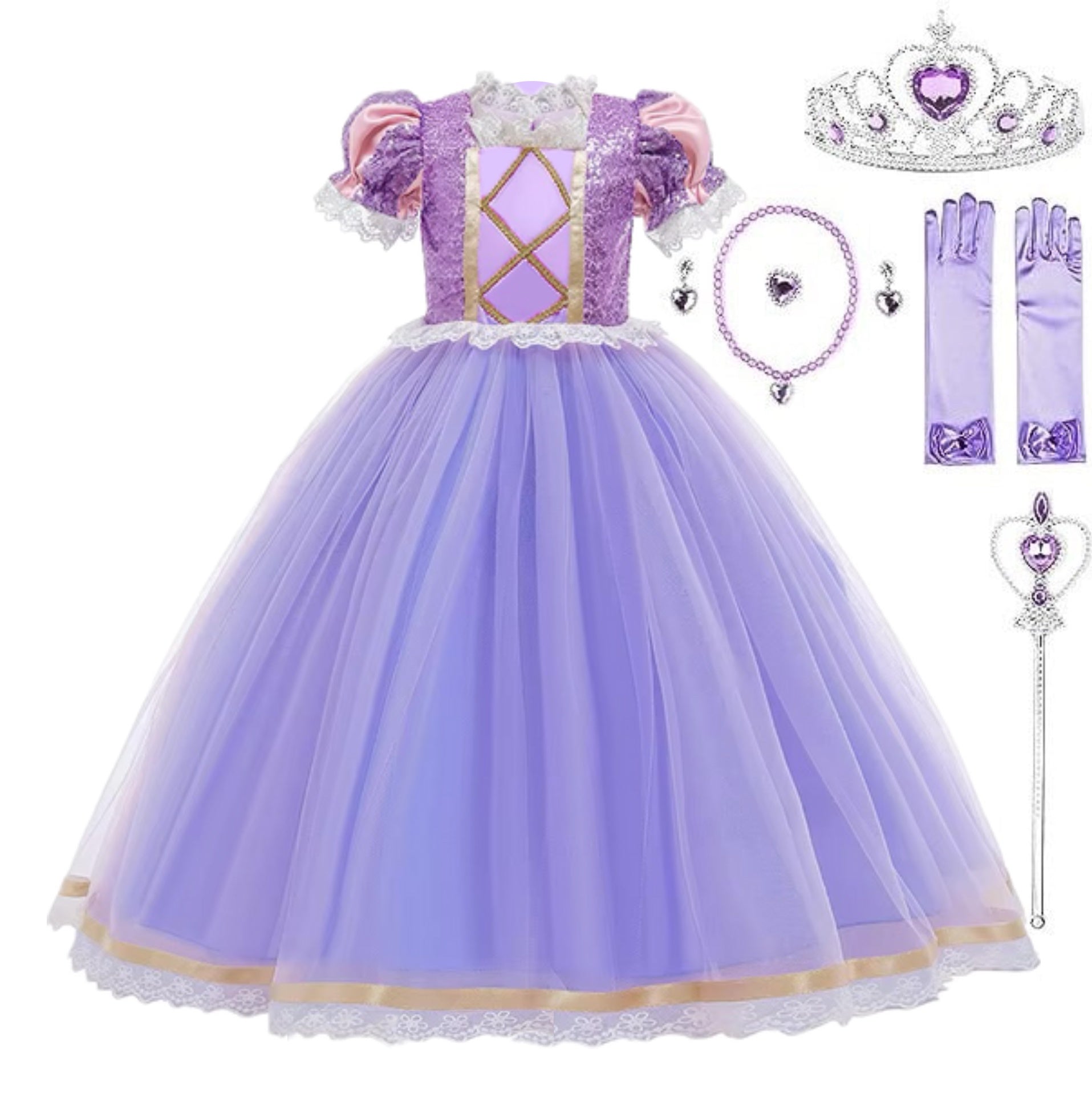 Rochie Printesa Rapunzel pentru Copii, Set cu Coronita si Accesorii, EvrikaUnity®, Tesatura premium, 5-6 ani, 130 cm, Mov