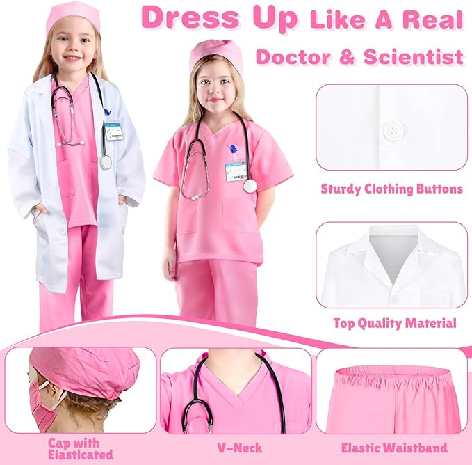 Costum de Doctor pentru Copii, Set cu Stetoscop de jucarie si Legitimatie, Tesatura fina, 4-5 ani, 120 cm, Alb/ Roz