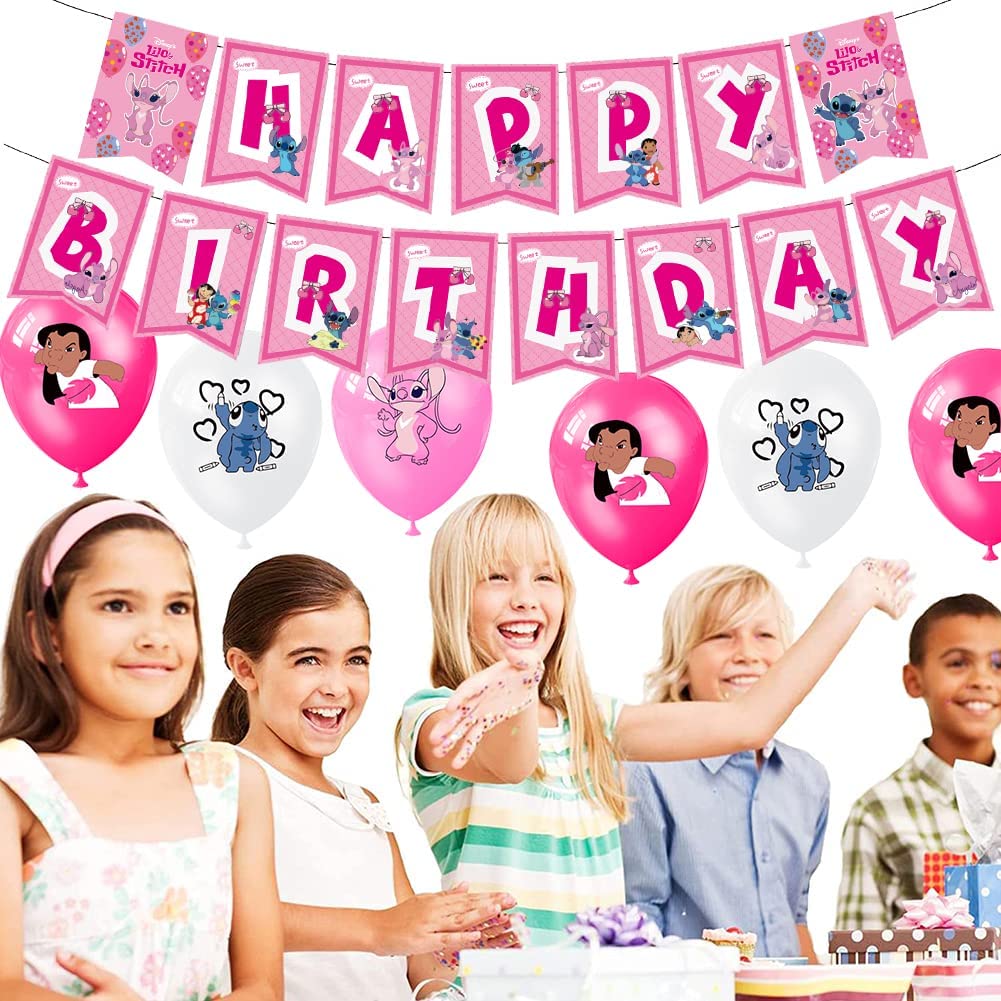 Set 18 baloane copii, Lilo & Stitch, Petrecere Aniversara, Latex, 1 Banner Happy Birthday, 12 Cupcake Topper, 1 Cake Topper, Roz/ Alb