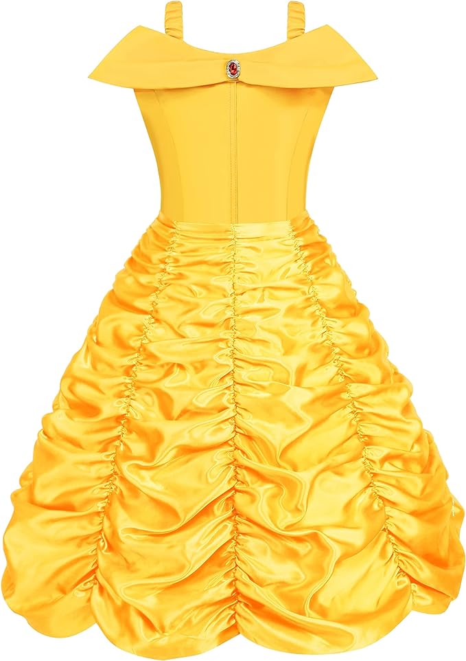 Rochie Belle pentru Copii, Set cu coronita si accesorii, Frumoasa si Bestia, Tesatura fina, 3-4 ani, 110, Galben