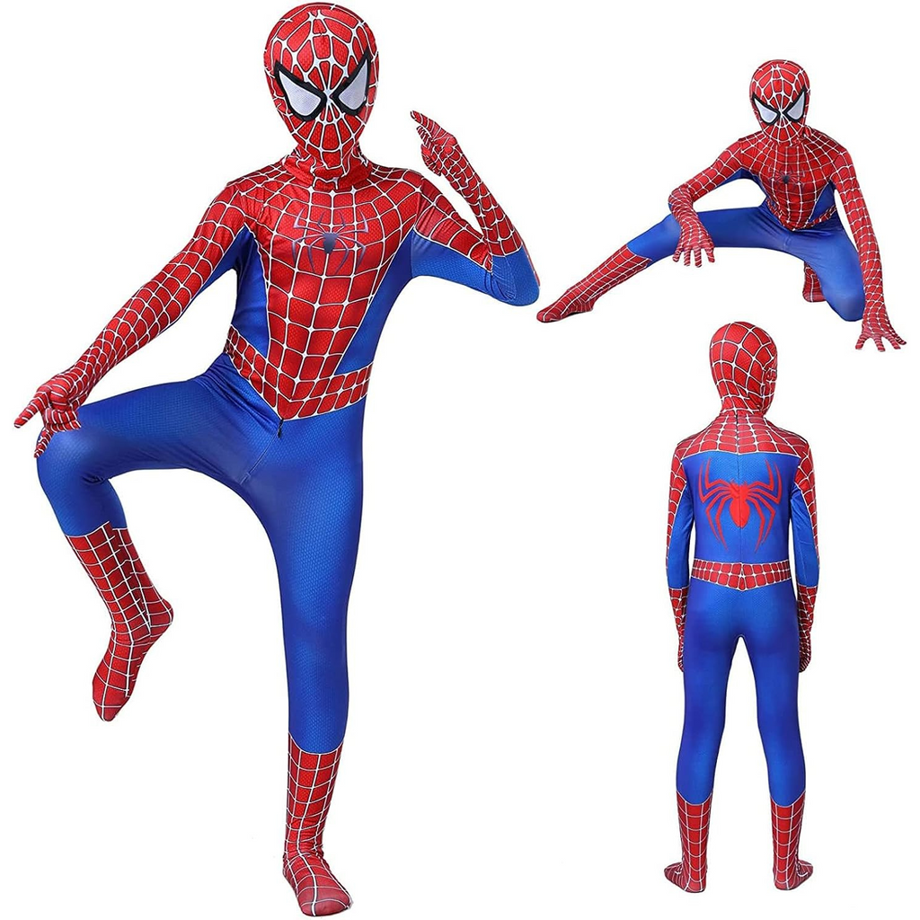 Costum Primul Om-Paianjen pentru copii, Supererou, Spiderman, EvrikaUnity®, Premium Lycra 3D®, 7-8 ani, 150 cm, Rosu / Albastru