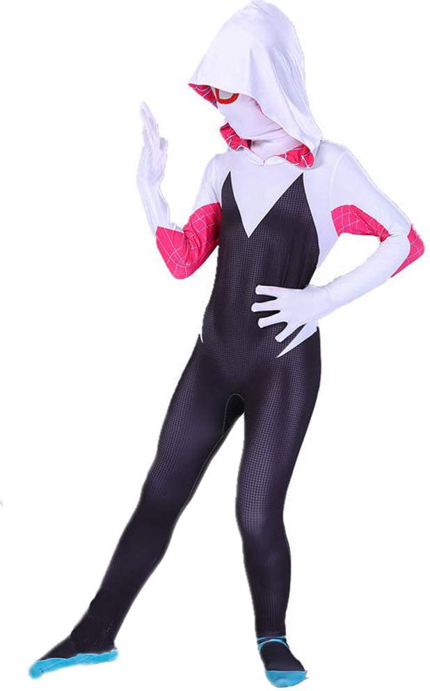 Costum Copii Gwen Spiderman, Marvel, Caracter Fata, Lycra, 10-11 ani, 135-145, Alb / Negru