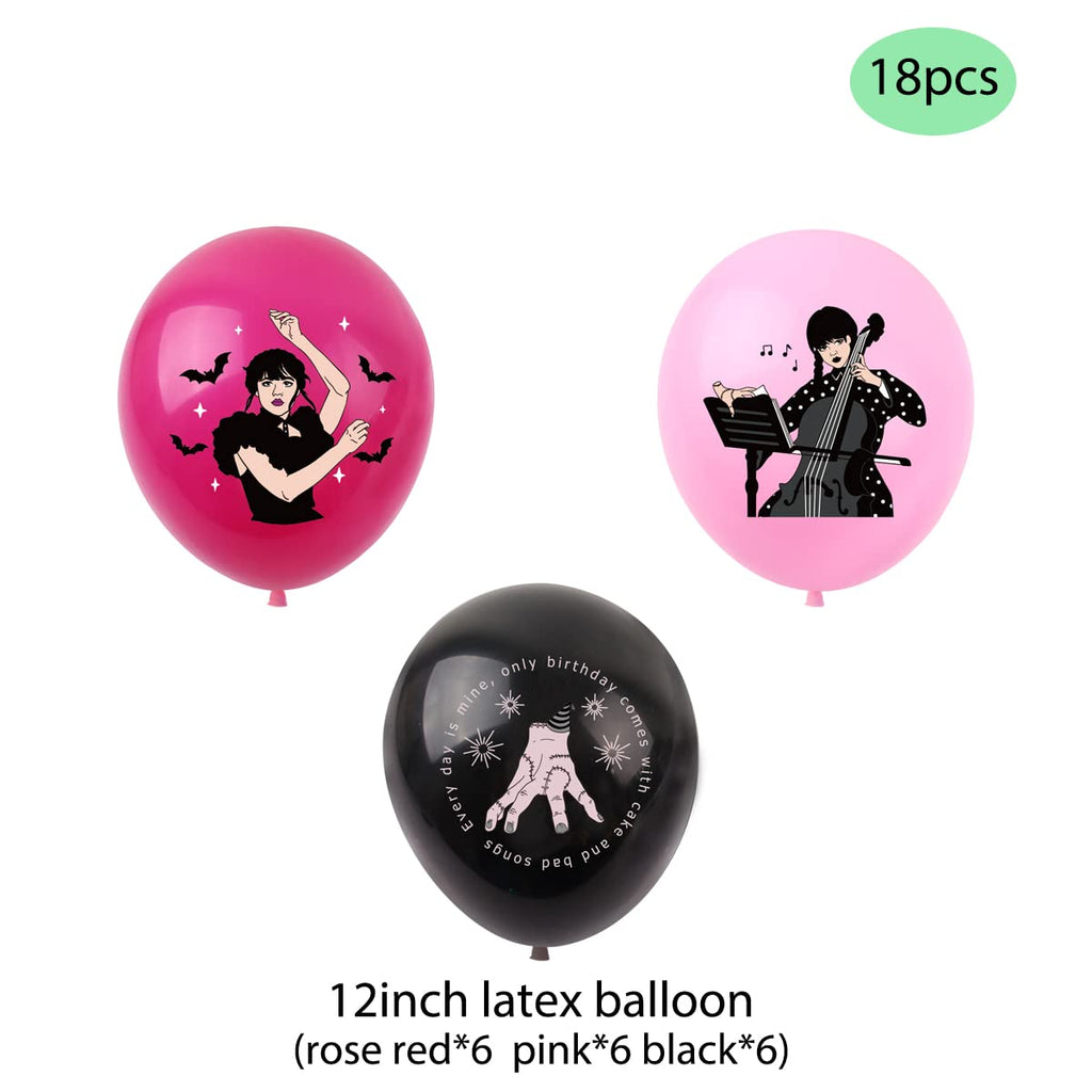 Set 18 baloane copii, Wednesday Addams, Petrecere Aniversara, EvrikaUnity®, Latex, 1 Banner Happy Birthday, 12 Cupcake Topper, 1 Cake Topper, Mov / Roz / Negru