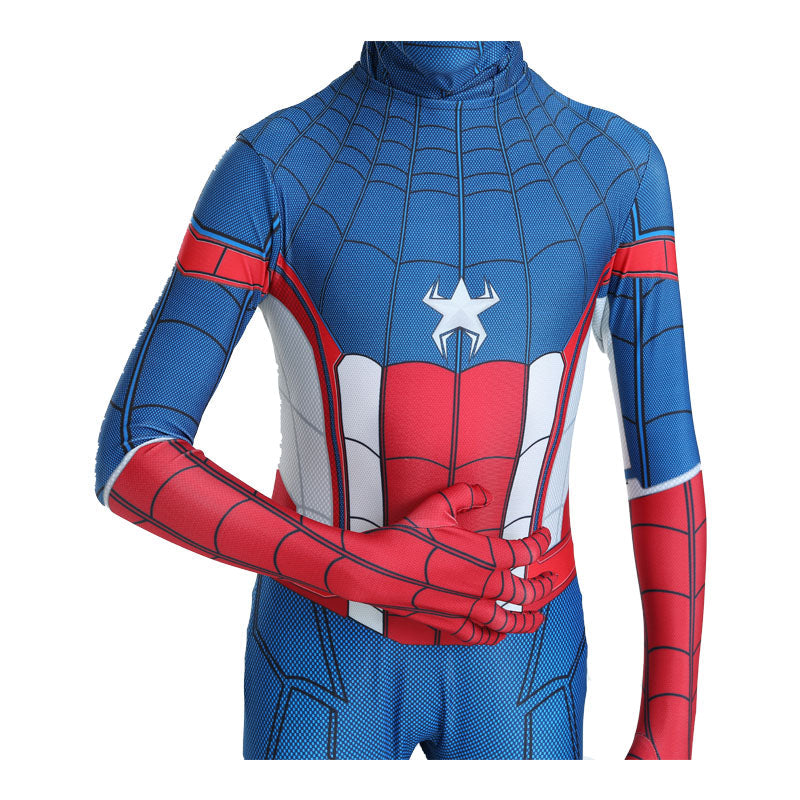 Costum pentru Copii, Spider-man devine Capitanul America, Set cu masca, Supererou, EvrikaUnity®, Premium Lycra 3D®, 4-5 ani, 120 cm, Albastru/ Rosu/ Alb