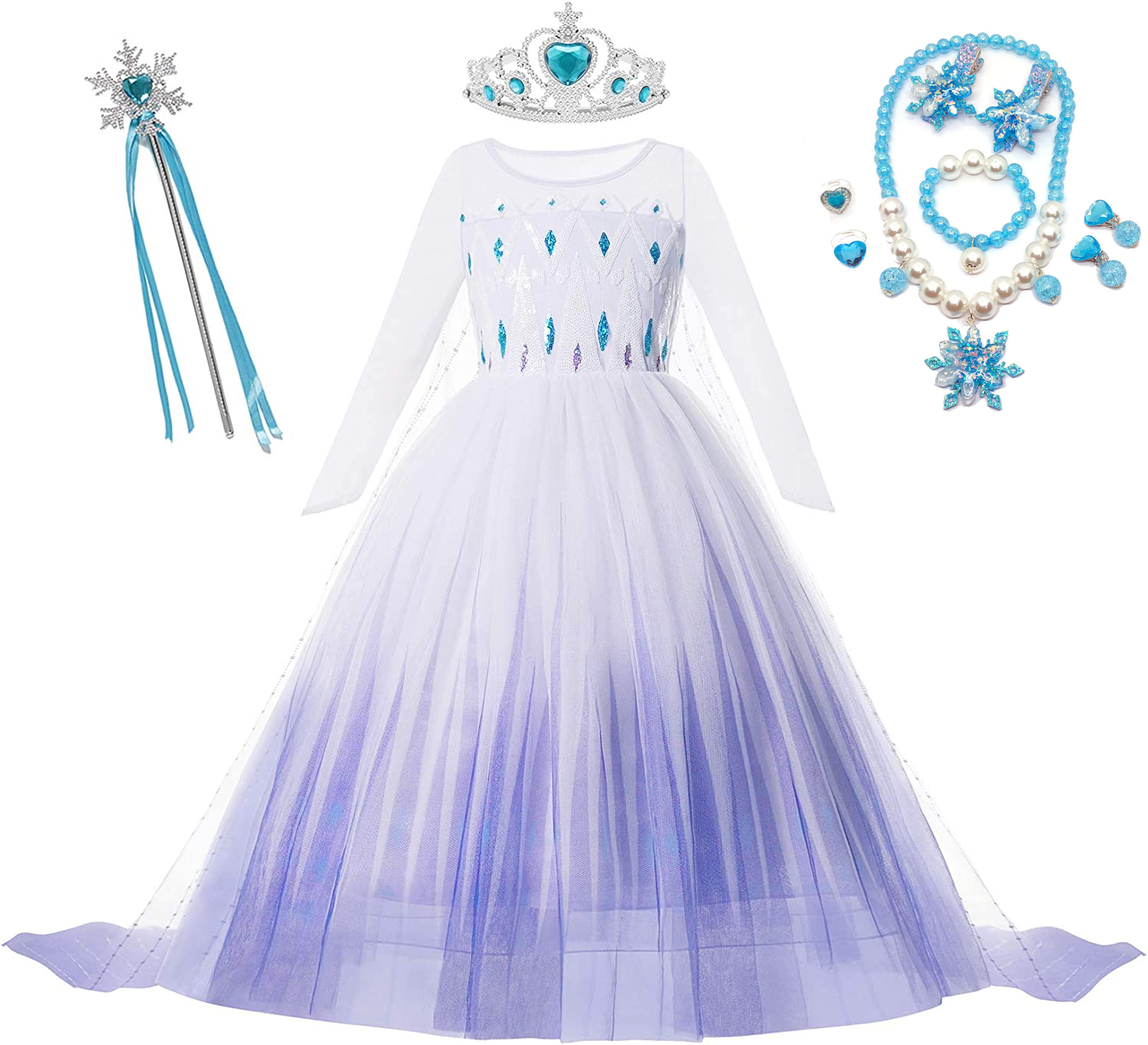 Rochie Elsa Frozen pentru fete, Set cu Coronita, Bagheta si Bijuterii, EvrikaUnity®, Regina Ghetii, 6-7 ani, 140 cm, Alb