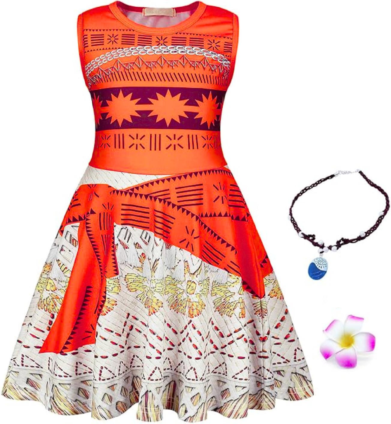 Costum Moana pentru copii, Set cu colier si agrafa floare, EvrikaUnity®, Tesatura Premium, 5-6 ani, 130 cm, Portocaliu