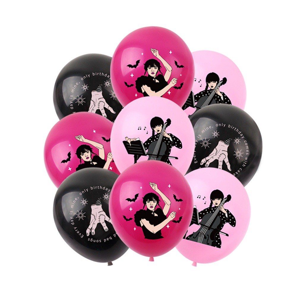 Set 18 baloane copii, Wednesday Addams, Petrecere Aniversara, EvrikaUnity®, Latex, 1 Banner Happy Birthday, 12 Cupcake Topper, 1 Cake Topper, Mov / Roz / Negru