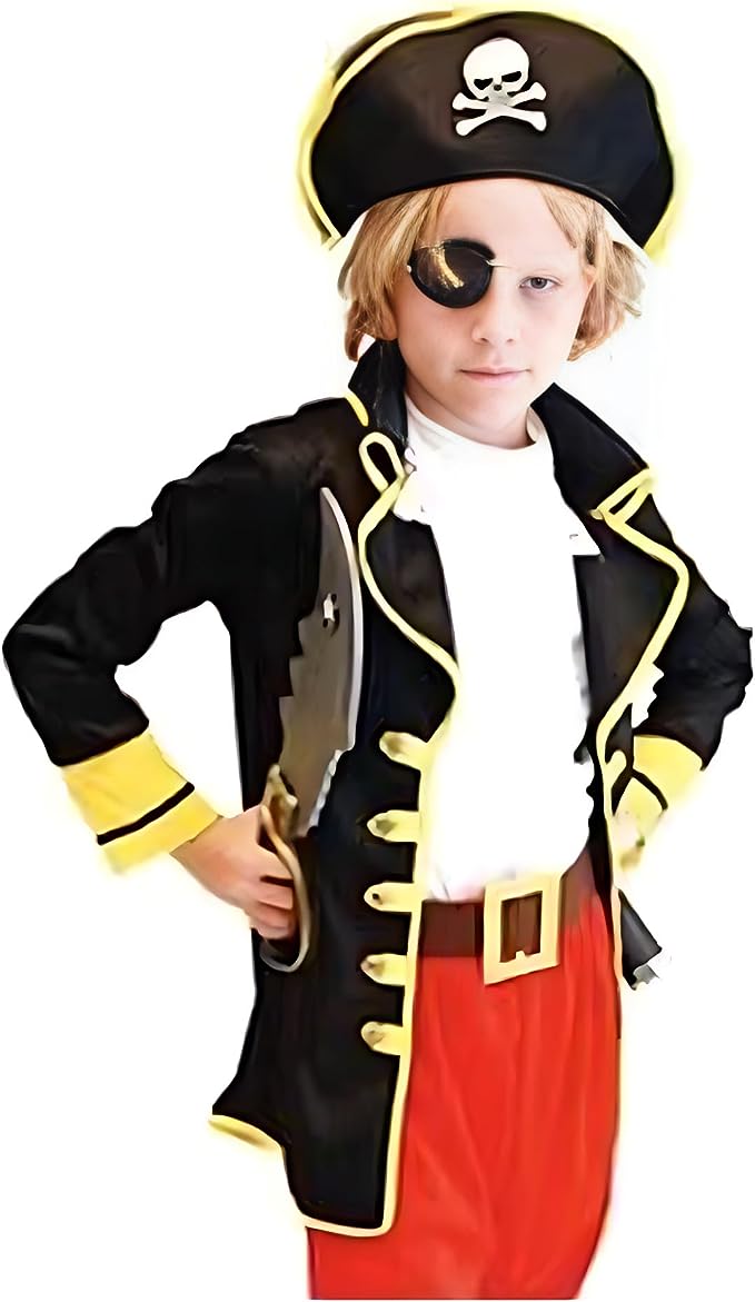 Costum Pirat pentru copii, Set cu Palarie si Petic de ochi, EvrikaUnity®, Tesatura Premium, 6-7 ani, 140 cm, Rosu/ Negru