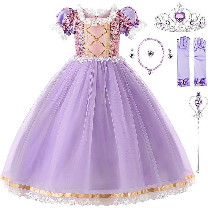 Rochie Printesa Rapunzel pentru Copii, Set cu Coronita si Accesorii, EvrikaUnity®, Tesatura premium, 6-7 ani, 140 cm, Roz / Mov Royal