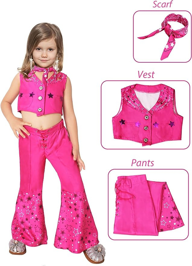 Costum Barbie pentru copii, set cu esarfa, Barbieland, Tesatura premium, fete, 110, 3-4 ani, Roz