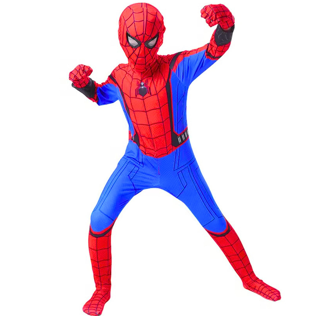 Costum Spiderman pentru copii, cu cagula si manusi, Supererou, EvrikaUnity®, Premium Lycra 3D®, 5-6 ani, 130 cm, Albastru / Rosu