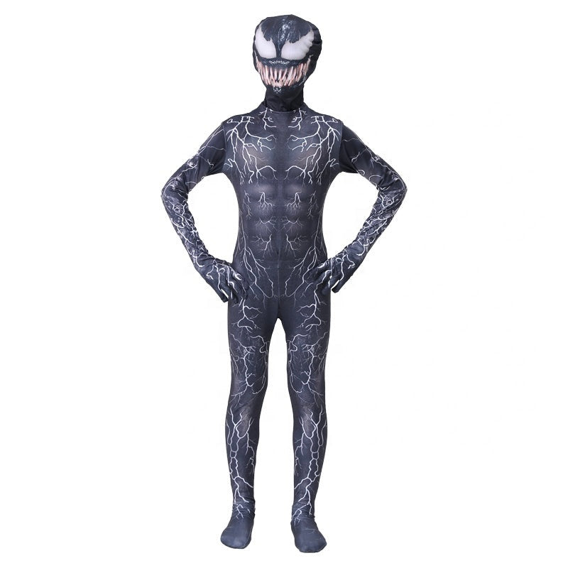 Costum Venom cu multe Fulgere pentru Copii, Set cu masca, Supererou, EvrikaUnity®, Premium Lycra 3D®, 4-5 ani, 120cm, Negru