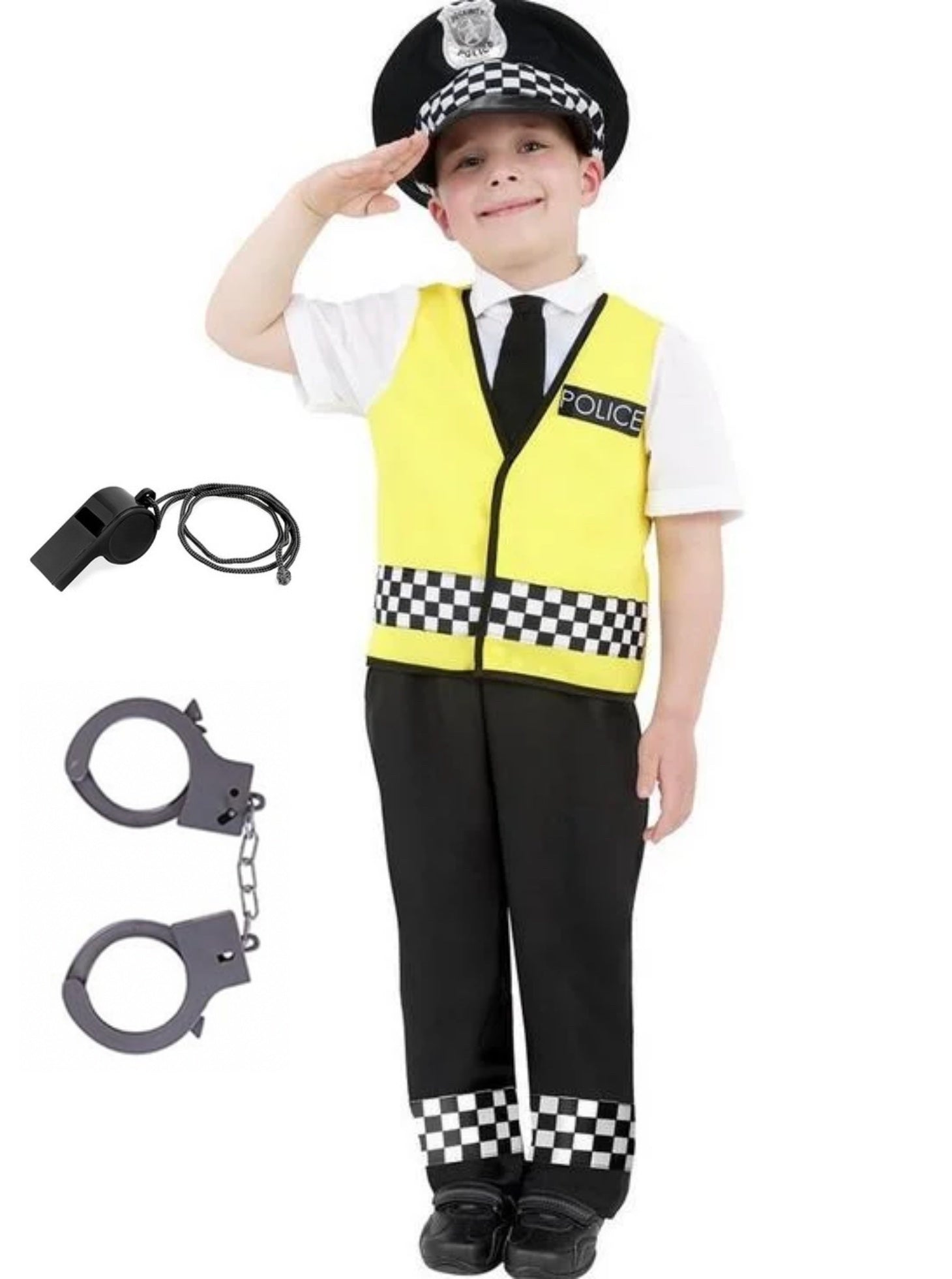 Costum de Politist pentru Copii, Set cu Sapca, Catuse si Fluier, EvrikaUnity®, Tesatura Premium, 4-6 ani, 120-130 cm, Galben/ Negru