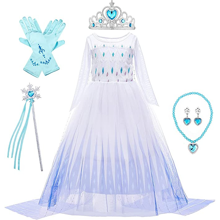 Set Rochie Elsa Frozen 2, cu Accesorii si Trena detasabila, EvrikaUnity®, 6-7 ani, 140 cm, Alb / Mov perlat