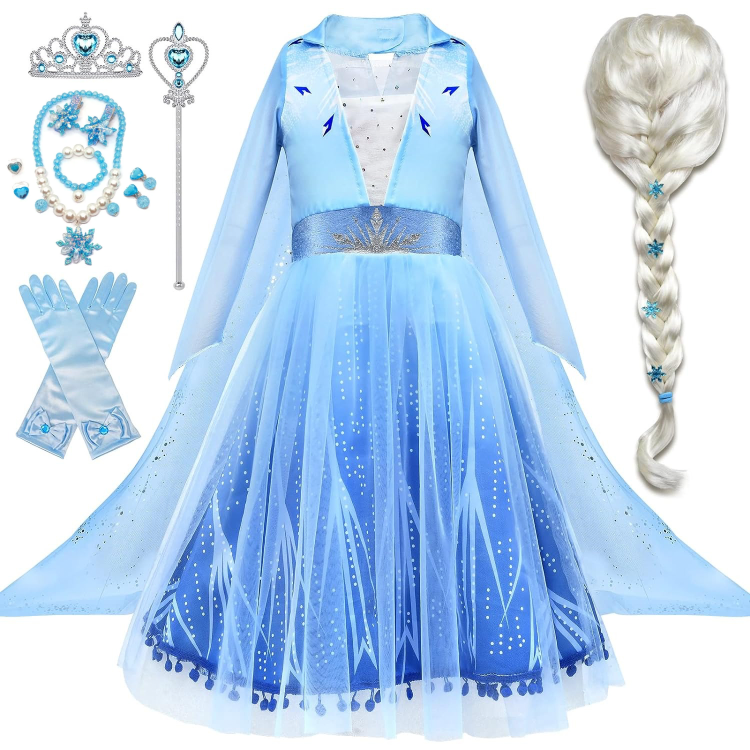 Rochie Elsa Frozen 2 pentru copii, Set cu Coronita, Peruca, Bijuterii si accesorii, EvrikaUnity®, Regina Ghetii, Tesatura Premium, 3-4 ani, 110 cm, Albastru Imperial