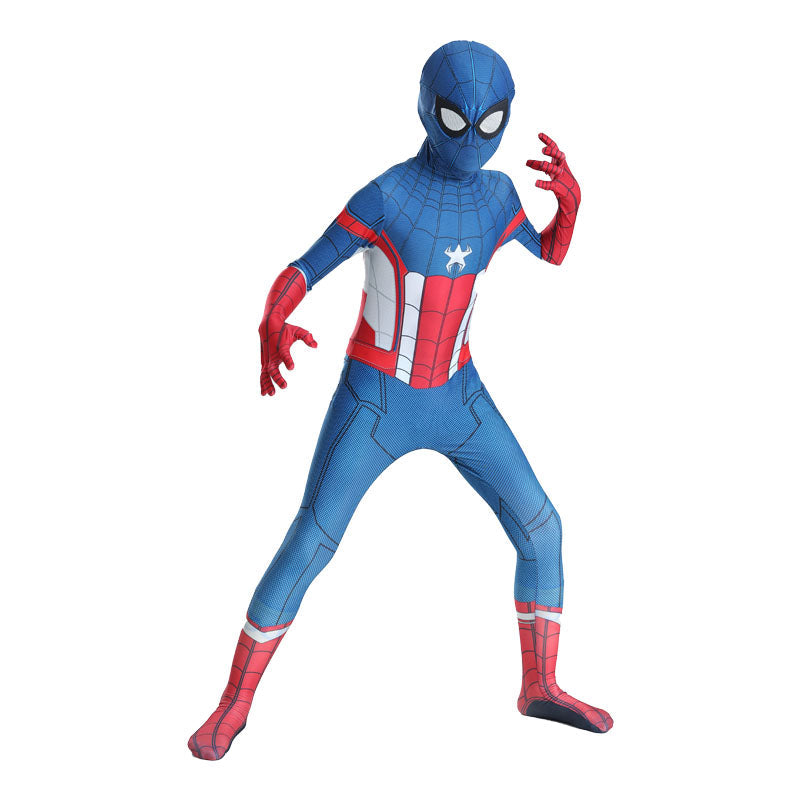 Costum pentru Copii, Spider-man devine Capitanul America, Set cu masca, Supererou, EvrikaUnity®, Premium Lycra 3D®, 3-4 ani, 110 cm, Albastru/ Rosu/ Alb
