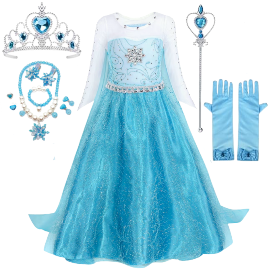 Rochita Elsa Frozen, Set cu Coronita, Bijuterii si Accesorii, EvrikaUnity®, Tesatura Premium, 6-7 ani, 140 cm, Turcoaz