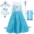 Rochita Elsa Frozen, Set cu Coronita, Bijuterii si Accesorii, EvrikaUnity®, Tesatura Premium, 6-7 ani, 140 cm, Turcoaz