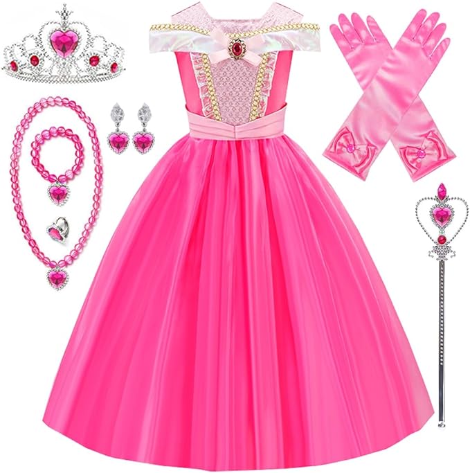 Rochita Printesa Aurora pentru copii, Set cu coronita si accesorii, EvrikaUnity®, Frumoasa din padurea adormita, Tesatura Premium, 5-6 ani, 130 cm, roz