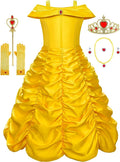Rochie Belle pentru Copii, Set cu coronita si accesorii, Frumoasa si Bestia, Tesatura fina, 3-4 ani, 110, Galben