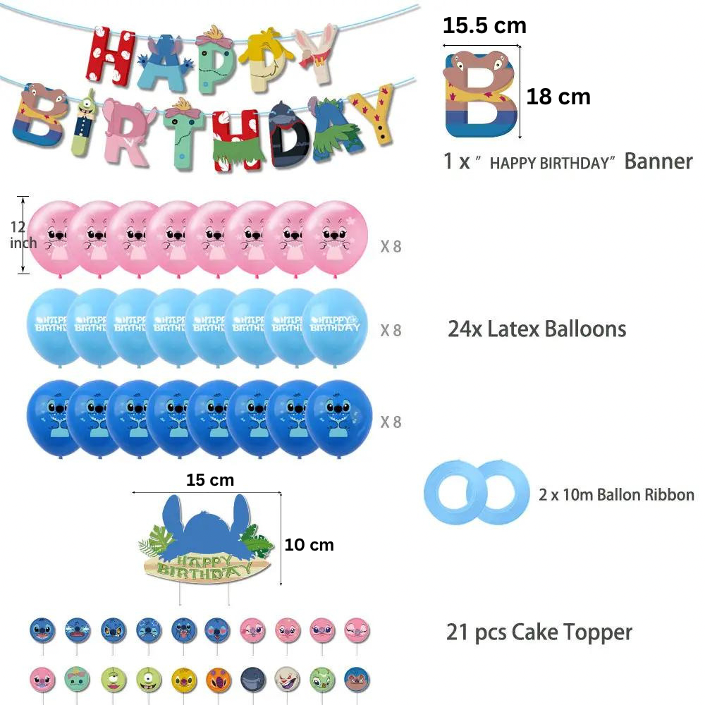 Set 24 baloane pentru Copii, Lilo si Stich, Petrecere Aniversare, Latex, 1 Banner Happy Birthday, 21 Cupcake Topper, 1 Cake Topper, Roz/ Albastru