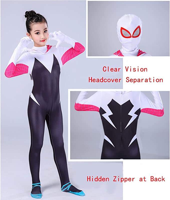 Costum Copii Gwen Spiderman, Marvel, Caracter Fata, Lycra, 10-11 ani, 135-145, Alb / Negru
