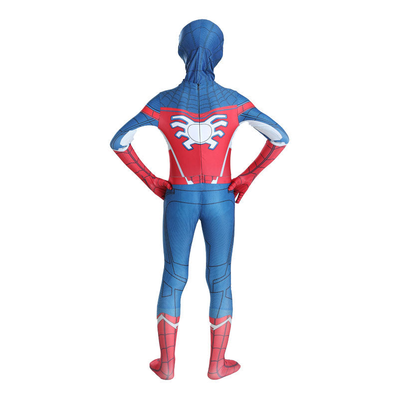 Costum pentru Copii, Spider-man devine Capitanul America, Set cu masca, Supererou, EvrikaUnity®, Premium Lycra 3D®, 7-8 ani, 150 cm, Albastru/ Rosu/ Alb