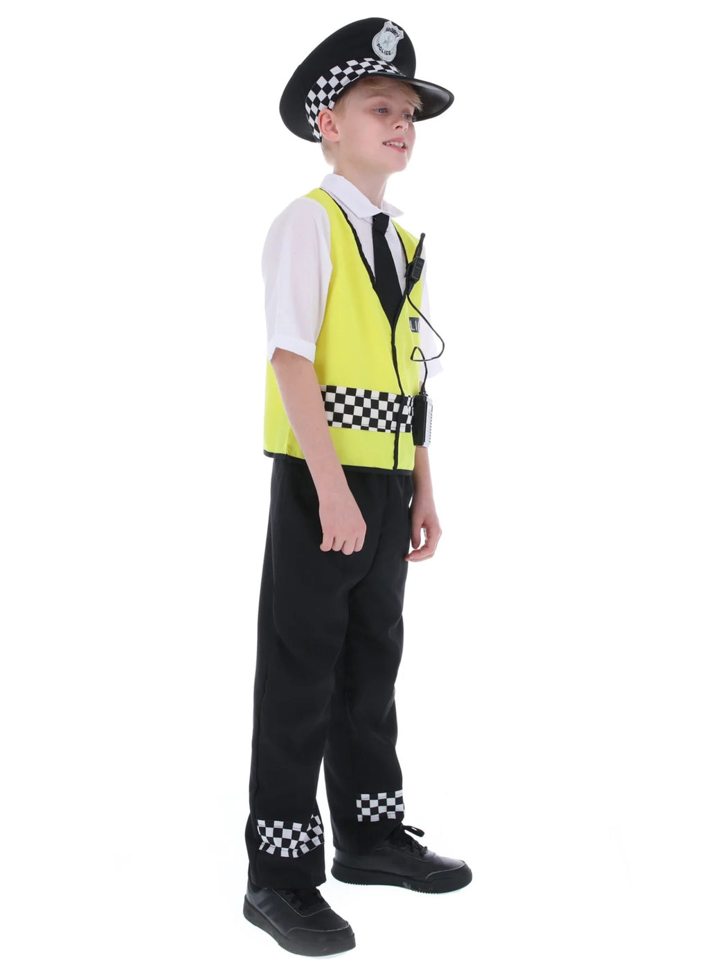 Costum de Politist pentru Copii, Set cu Sapca, Catuse si Fluier, EvrikaUnity®, Tesatura Premium, 4-6 ani, 120-130 cm, Galben/ Negru