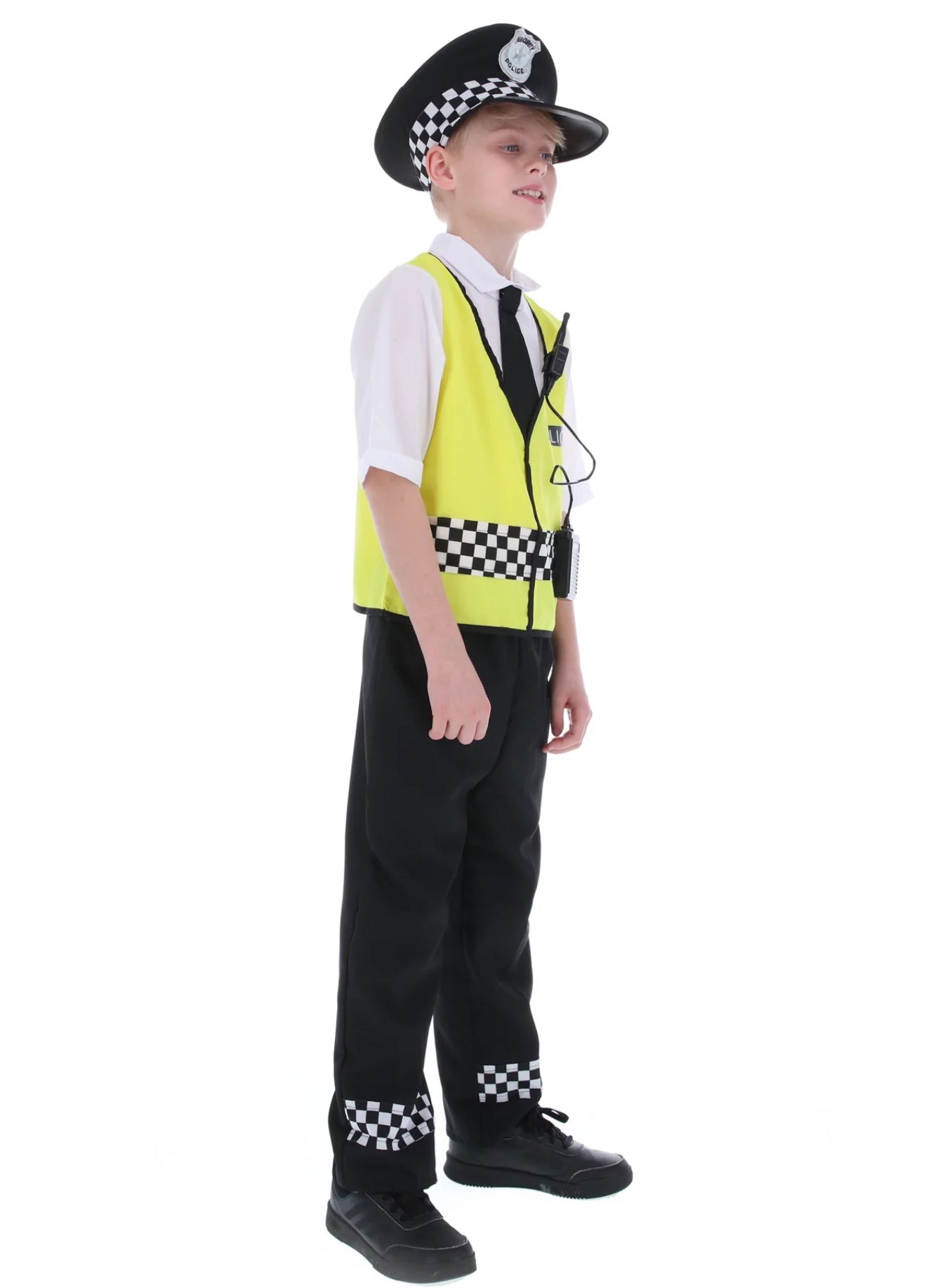 Costum de Politist pentru Copii, Set cu Sapca, Catuse si Fluier, EvrikaUnity®, Tesatura Premium, 4-6 ani, 120-130 cm, Galben/ Negru