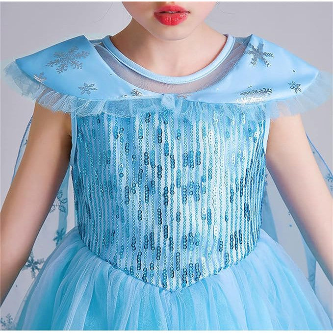 Rochie Elsa Frozen pentru Copii, Set cu Coronita, Coada, Bijuterii si Accesorii, EvrikaUnity®, Tesatura fina, 4-5 ani, 120 cm, Albastru