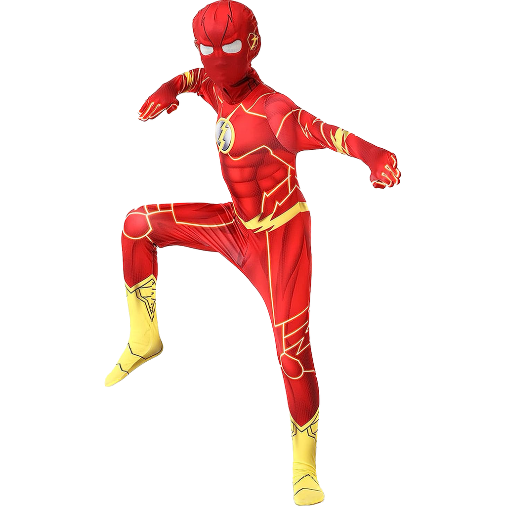 Costum Flash pentru copii, Set cu Masca, EvrikaUnity®, Supererou, Premium Lycra 3D®, 7-8 ani, 150 cm, Rosu/ Galben