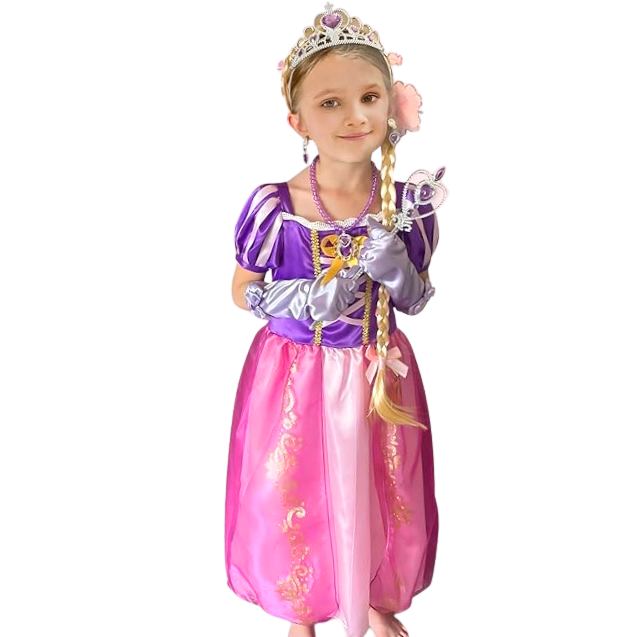 Rochie Printesa Rapunzel pentru copii, Set Bentita cu coada impletita, Coronita si Accesorii, EvrikaUnity®, Tesatura Premium, Roz/ Mov
