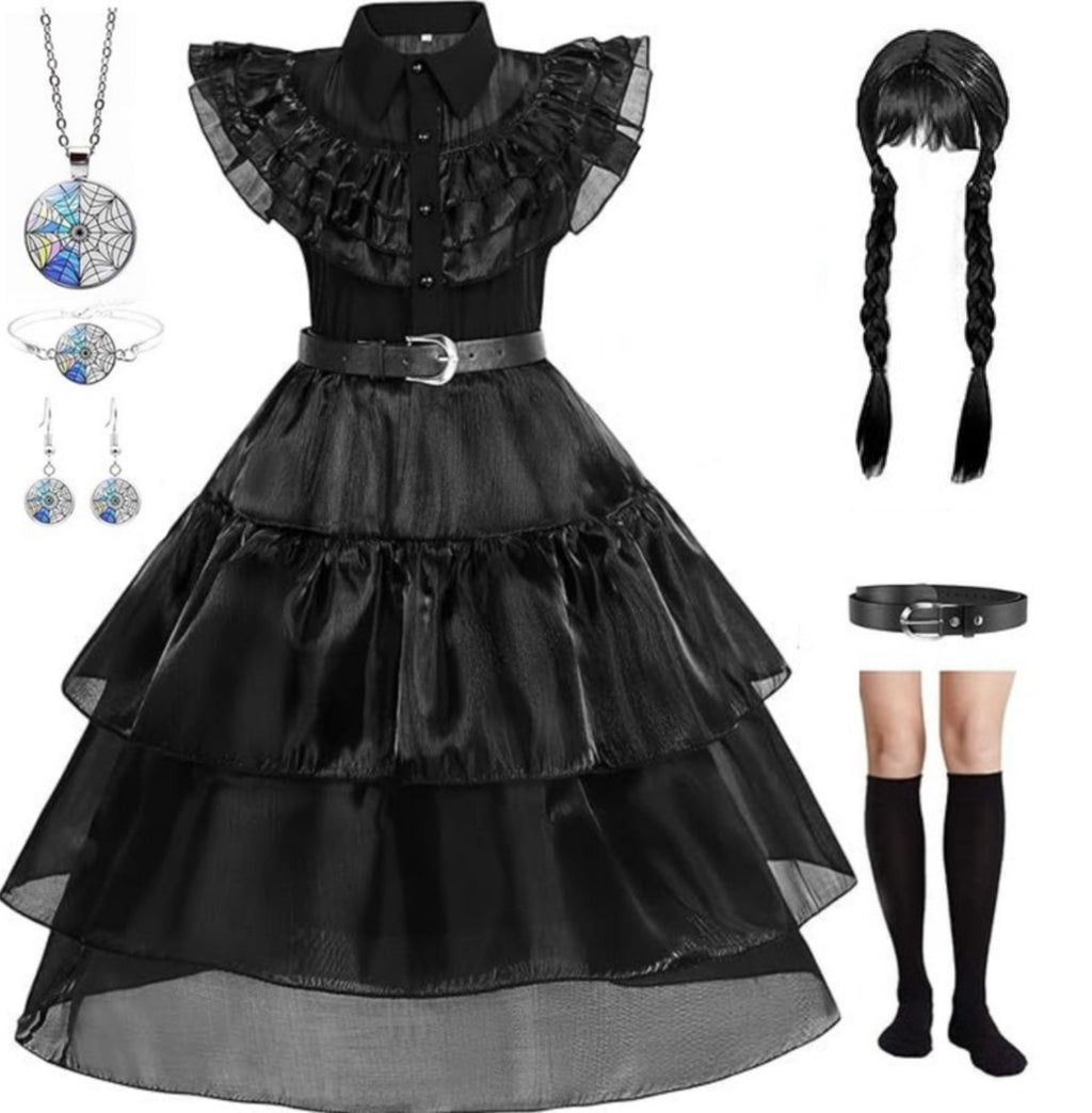 Rochie Wednesday pentru Fete, Set cu Peruca, Bijuterii si Sosete, EvrikaUnity®, Tesatura premium, 3-4 ani, 110 cm, Negru