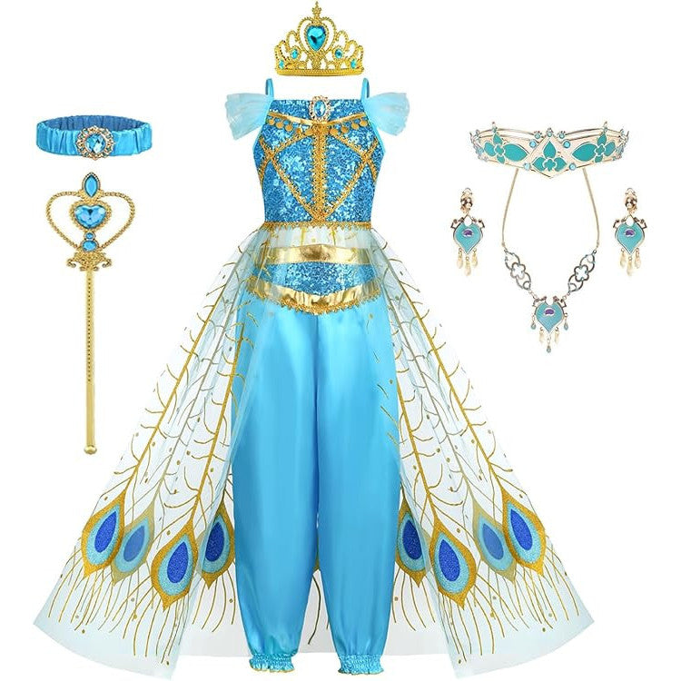 Costum Printesa Jasmine pentru Copii, Set cu Coronita si Accesorii, EvrikaUnity®, 3-4 ani, 110 cm, Albastru