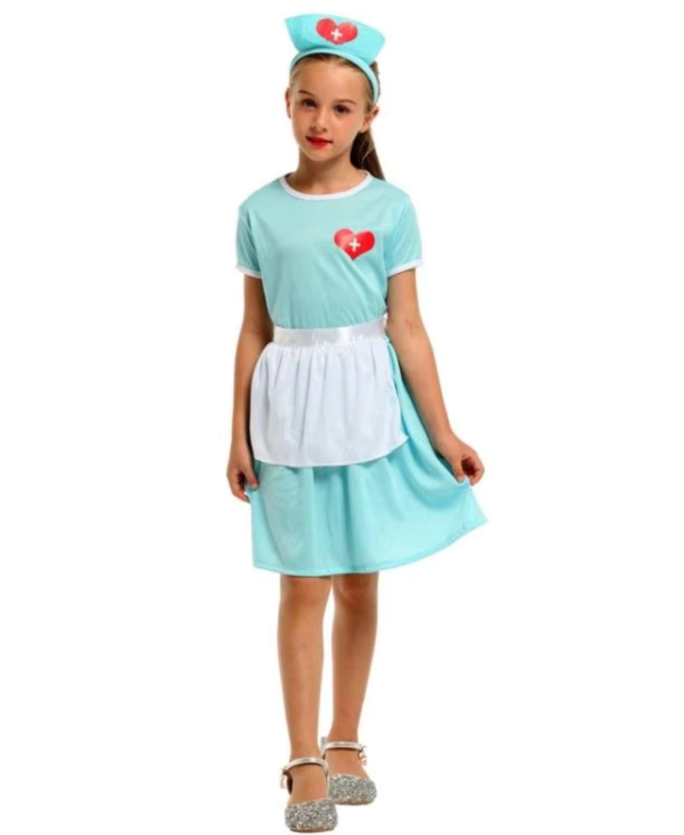 Costum de Asistenta Doctor pentru Copii, Set cu Bentita, EvrikaUnity®, Tesatura Premium, 110 cm, 3-4 ani, Turcoaz